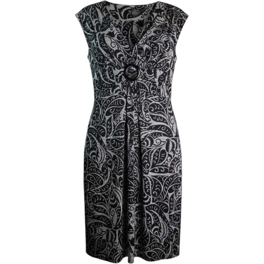 Glamour Sheath Dress Women 10 Black Grey Paisley V-Neck O-Ring Empire Waist